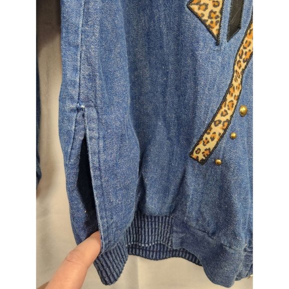 Denim Jacket Vtg Womens Sz S Faux Leather & Animal Print Applique Studs Zip Up - Picture 5 of 9